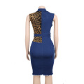 Sexy Hole Single Breasted Leopard Patchwork Denim Women Casual Dresses